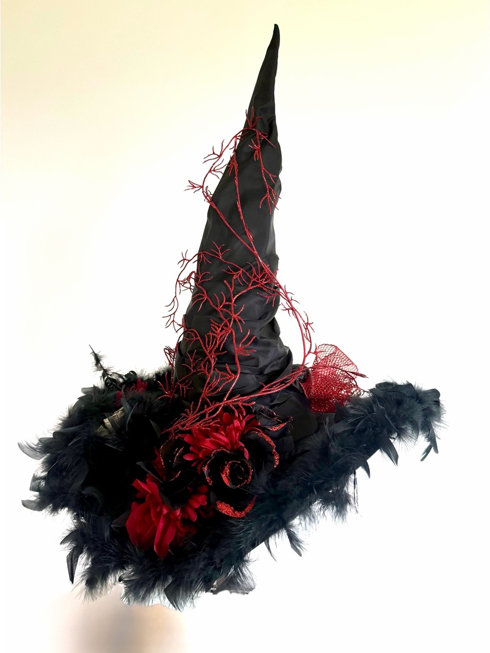 Witch Hat Costume Accessory artisan, one of feathers silk flowers black & red os